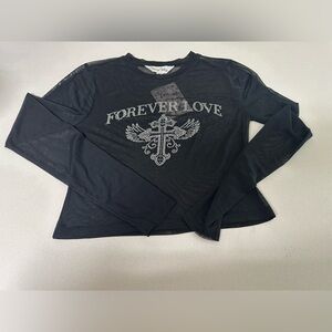 Forever 21 Black Rhinestone Graphic Long-Sleeve Crop Top